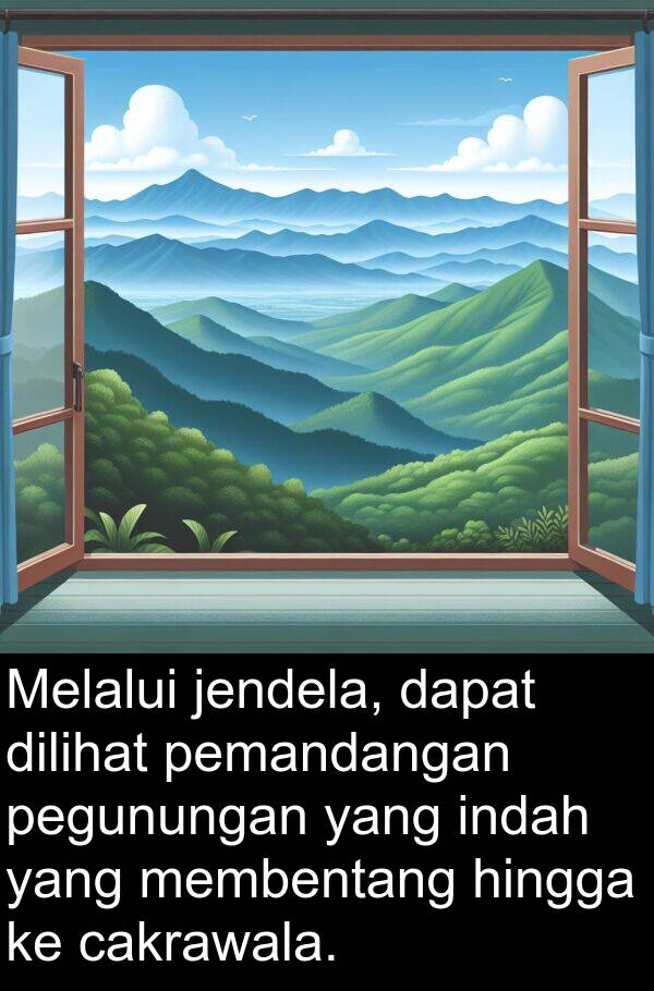 hingga: Melalui jendela, dapat dilihat pemandangan pegunungan yang indah yang membentang hingga ke cakrawala.