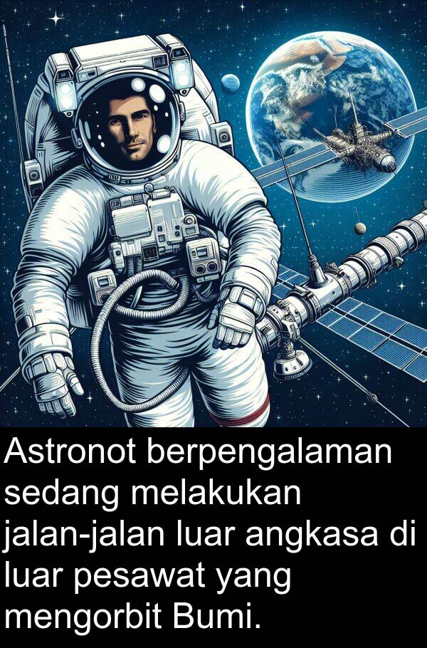 melakukan: Astronot berpengalaman sedang melakukan jalan-jalan luar angkasa di luar pesawat yang mengorbit Bumi.