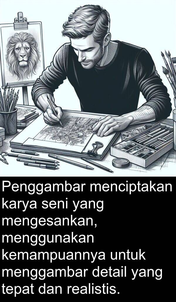 realistis: Penggambar menciptakan karya seni yang mengesankan, menggunakan kemampuannya untuk menggambar detail yang tepat dan realistis.