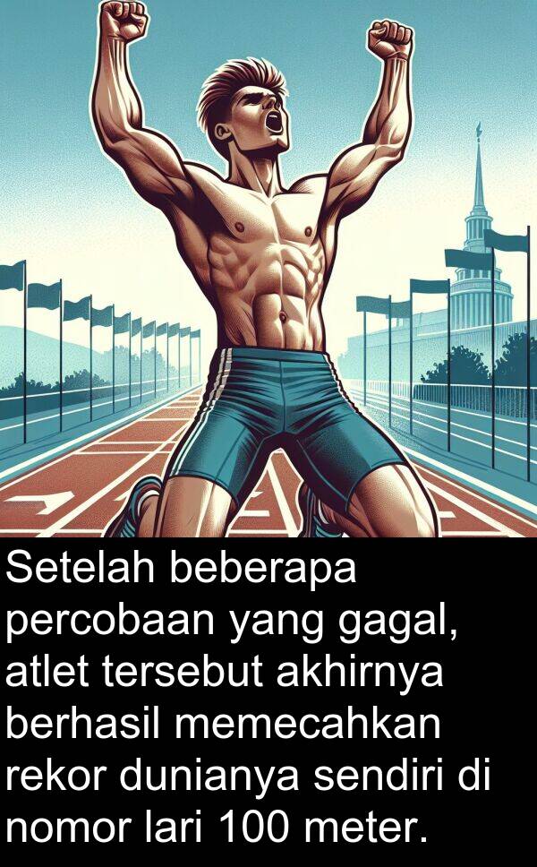 lari: Setelah beberapa percobaan yang gagal, atlet tersebut akhirnya berhasil memecahkan rekor dunianya sendiri di nomor lari 100 meter.