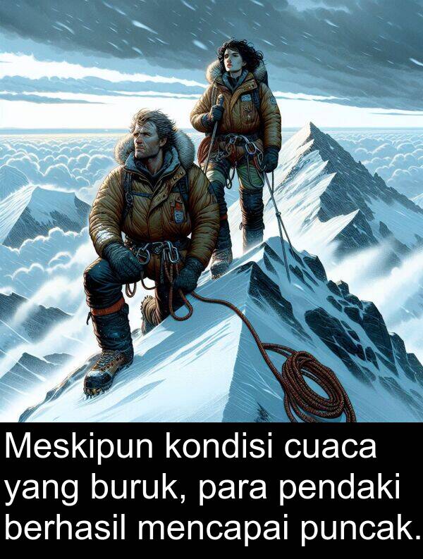 para: Meskipun kondisi cuaca yang buruk, para pendaki berhasil mencapai puncak.