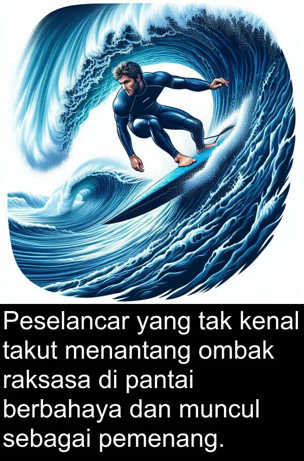 sebagai: Peselancar yang tak kenal takut menantang ombak raksasa di pantai berbahaya dan muncul sebagai pemenang.