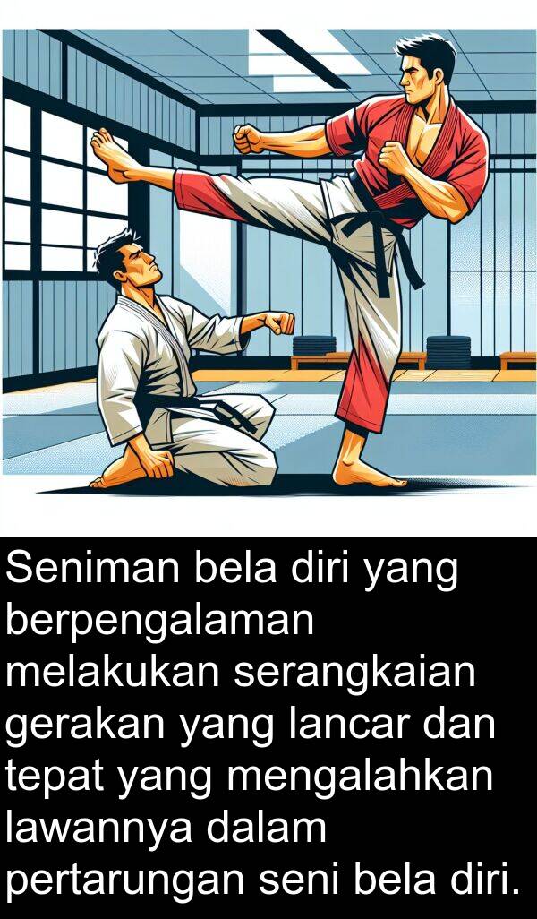 lawannya: Seniman bela diri yang berpengalaman melakukan serangkaian gerakan yang lancar dan tepat yang mengalahkan lawannya dalam pertarungan seni bela diri.