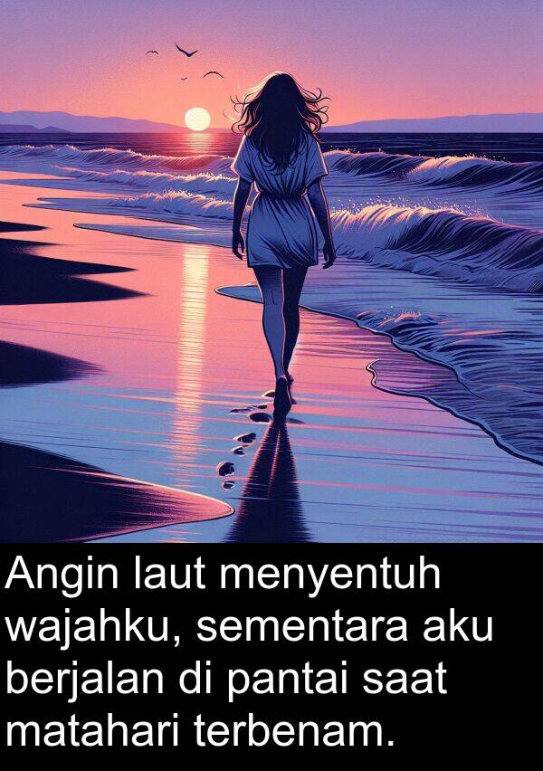 menyentuh: Angin laut menyentuh wajahku, sementara aku berjalan di pantai saat matahari terbenam.
