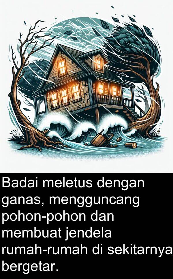 sekitarnya: Badai meletus dengan ganas, mengguncang pohon-pohon dan membuat jendela rumah-rumah di sekitarnya bergetar.
