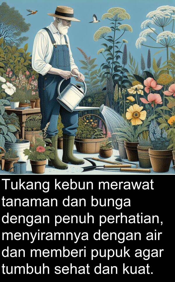 tanaman: Tukang kebun merawat tanaman dan bunga dengan penuh perhatian, menyiramnya dengan air dan memberi pupuk agar tumbuh sehat dan kuat.
