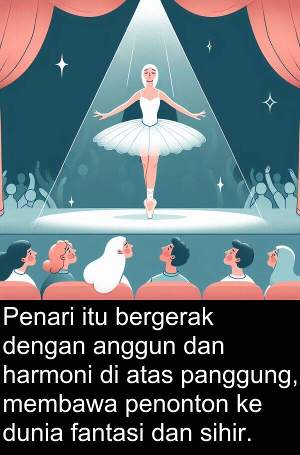 panggung: Penari itu bergerak dengan anggun dan harmoni di atas panggung, membawa penonton ke dunia fantasi dan sihir.
