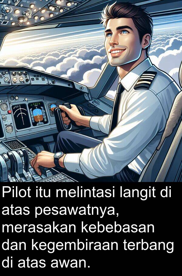 melintasi: Pilot itu melintasi langit di atas pesawatnya, merasakan kebebasan dan kegembiraan terbang di atas awan.