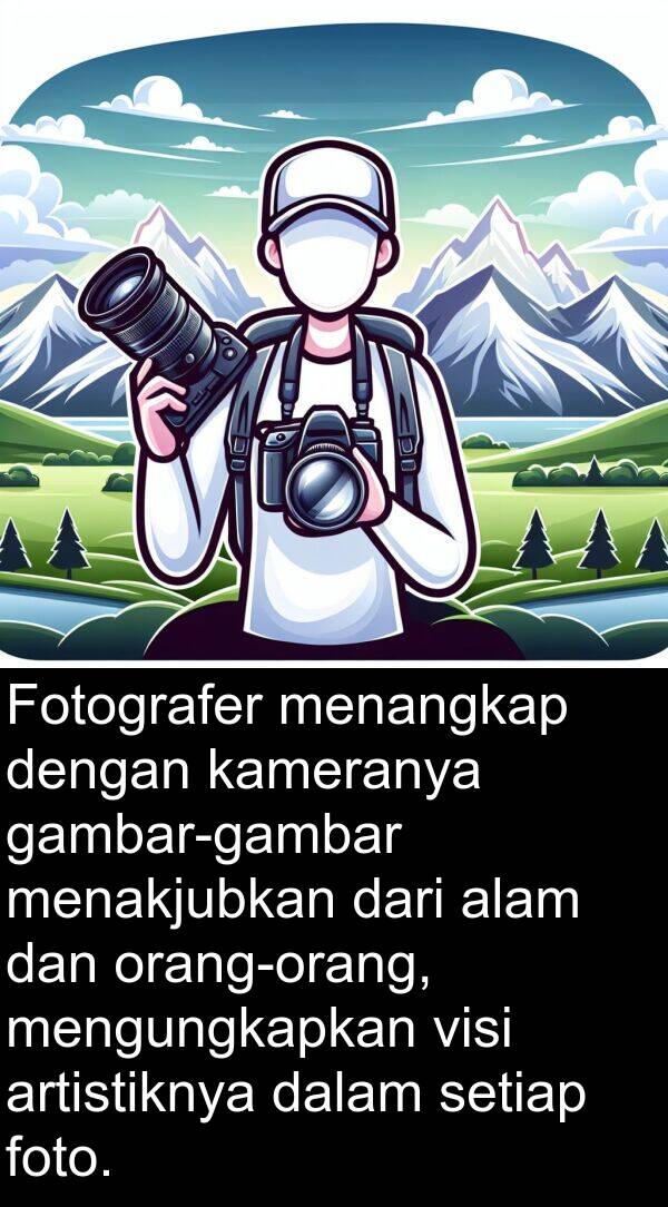 visi: Fotografer menangkap dengan kameranya gambar-gambar menakjubkan dari alam dan orang-orang, mengungkapkan visi artistiknya dalam setiap foto.