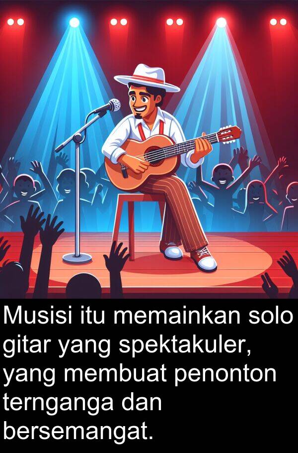 ternganga: Musisi itu memainkan solo gitar yang spektakuler, yang membuat penonton ternganga dan bersemangat.