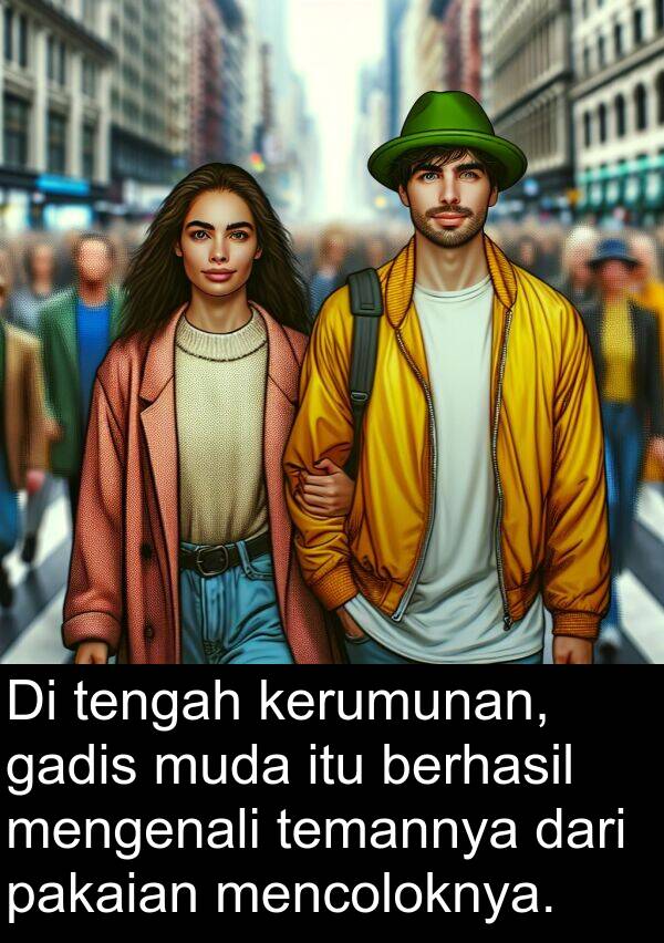 tengah: Di tengah kerumunan, gadis muda itu berhasil mengenali temannya dari pakaian mencoloknya.