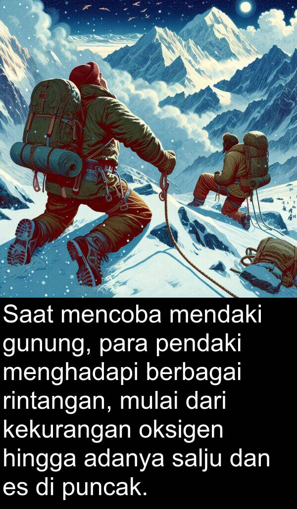 hingga: Saat mencoba mendaki gunung, para pendaki menghadapi berbagai rintangan, mulai dari kekurangan oksigen hingga adanya salju dan es di puncak.