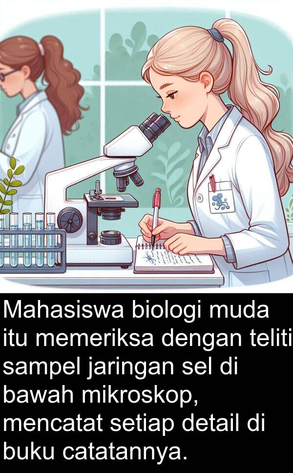 sel: Mahasiswa biologi muda itu memeriksa dengan teliti sampel jaringan sel di bawah mikroskop, mencatat setiap detail di buku catatannya.