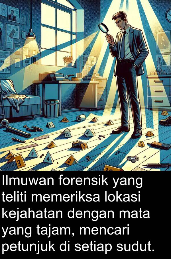 mata: Ilmuwan forensik yang teliti memeriksa lokasi kejahatan dengan mata yang tajam, mencari petunjuk di setiap sudut.