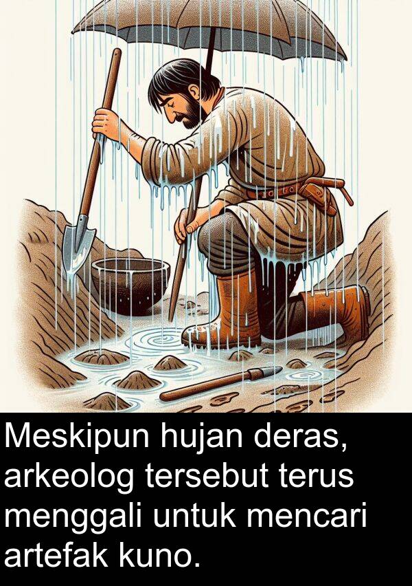 hujan: Meskipun hujan deras, arkeolog tersebut terus menggali untuk mencari artefak kuno.