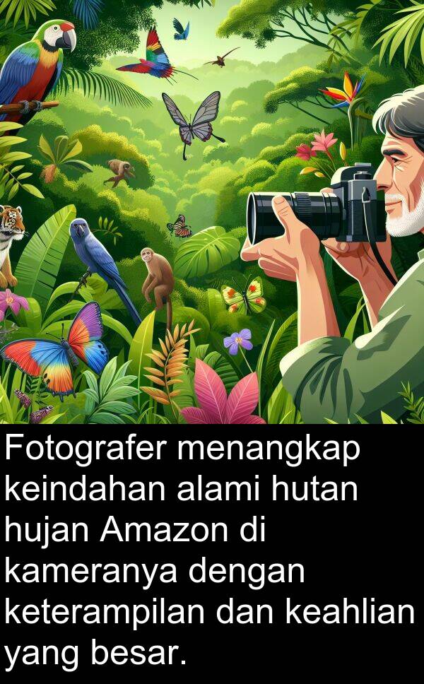 keahlian: Fotografer menangkap keindahan alami hutan hujan Amazon di kameranya dengan keterampilan dan keahlian yang besar.