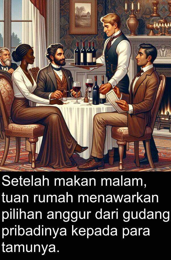 tamunya: Setelah makan malam, tuan rumah menawarkan pilihan anggur dari gudang pribadinya kepada para tamunya.