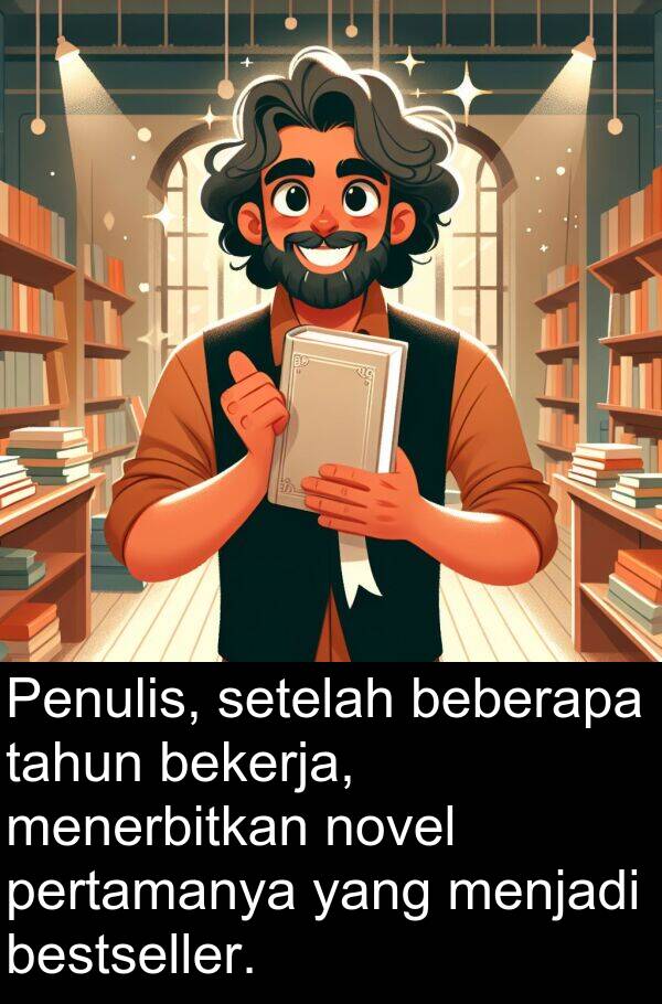 novel: Penulis, setelah beberapa tahun bekerja, menerbitkan novel pertamanya yang menjadi bestseller.