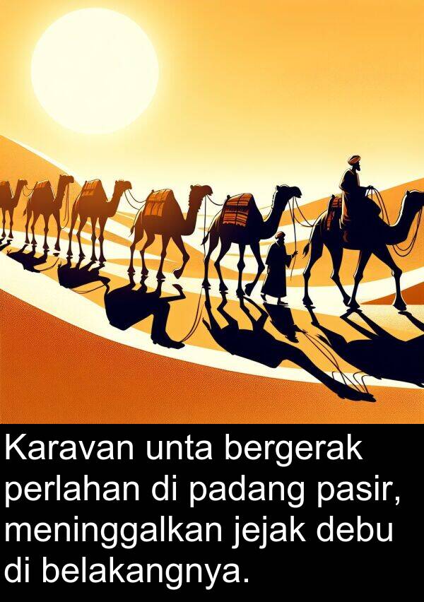 jejak: Karavan unta bergerak perlahan di padang pasir, meninggalkan jejak debu di belakangnya.