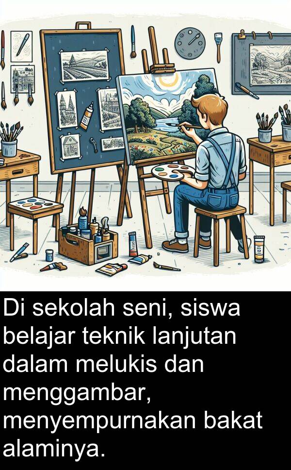 teknik: Di sekolah seni, siswa belajar teknik lanjutan dalam melukis dan menggambar, menyempurnakan bakat alaminya.