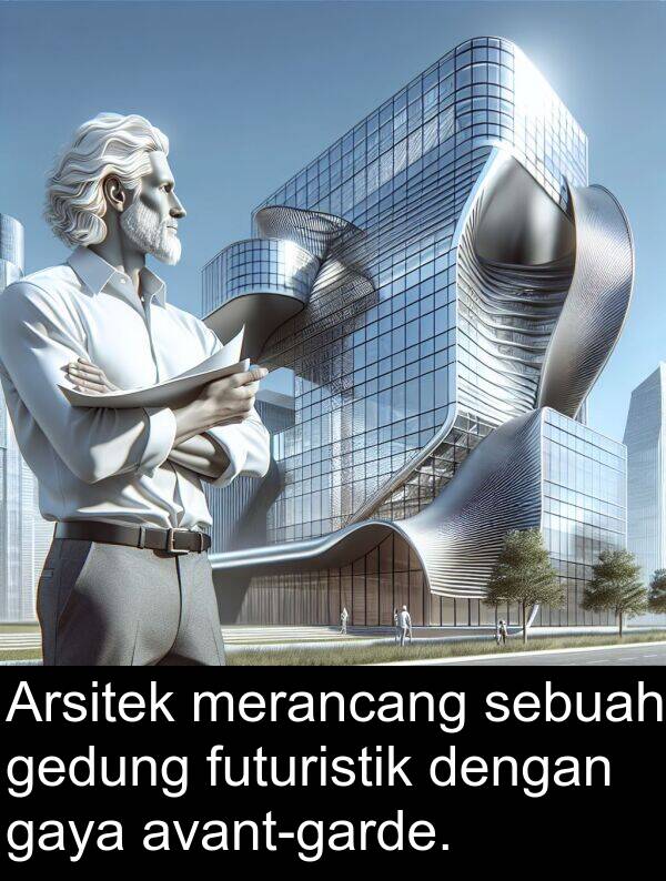 gaya: Arsitek merancang sebuah gedung futuristik dengan gaya avant-garde.