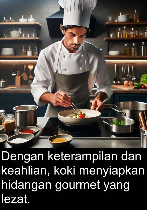 lezat: Dengan keterampilan dan keahlian, koki menyiapkan hidangan gourmet yang lezat.