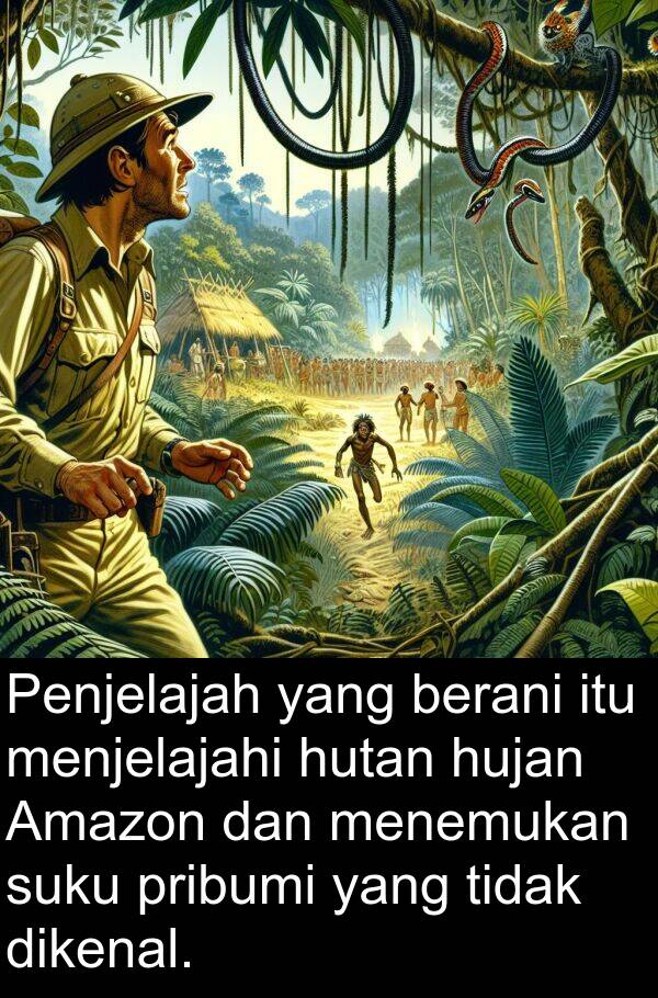 pribumi: Penjelajah yang berani itu menjelajahi hutan hujan Amazon dan menemukan suku pribumi yang tidak dikenal.