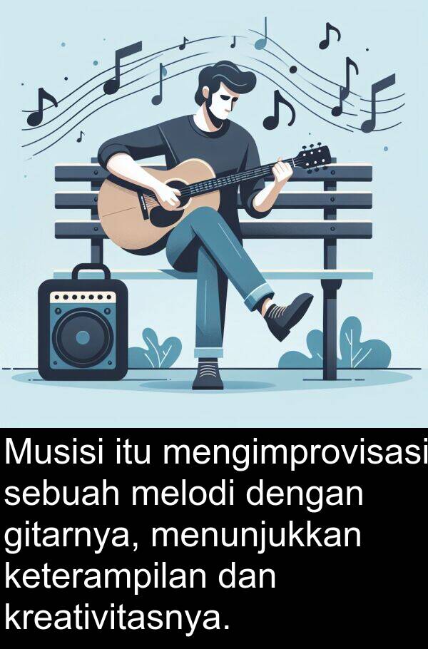 melodi: Musisi itu mengimprovisasi sebuah melodi dengan gitarnya, menunjukkan keterampilan dan kreativitasnya.