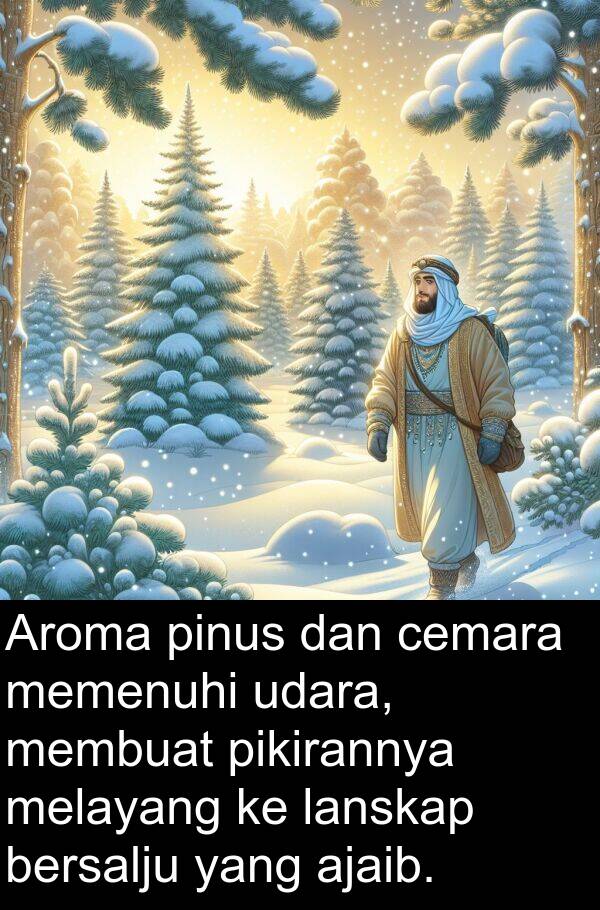 melayang: Aroma pinus dan cemara memenuhi udara, membuat pikirannya melayang ke lanskap bersalju yang ajaib.