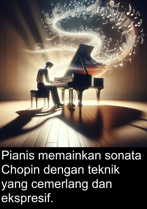 teknik: Pianis memainkan sonata Chopin dengan teknik yang cemerlang dan ekspresif.