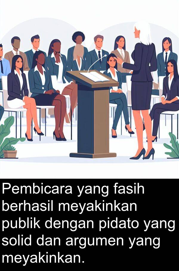meyakinkan: Pembicara yang fasih berhasil meyakinkan publik dengan pidato yang solid dan argumen yang meyakinkan.