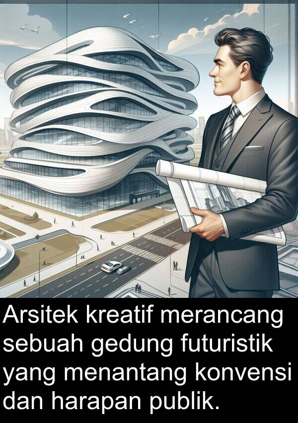 harapan: Arsitek kreatif merancang sebuah gedung futuristik yang menantang konvensi dan harapan publik.