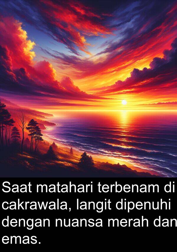 nuansa: Saat matahari terbenam di cakrawala, langit dipenuhi dengan nuansa merah dan emas.