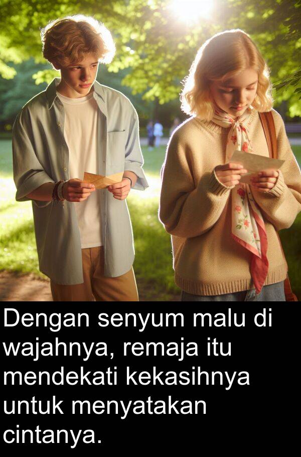 wajahnya: Dengan senyum malu di wajahnya, remaja itu mendekati kekasihnya untuk menyatakan cintanya.
