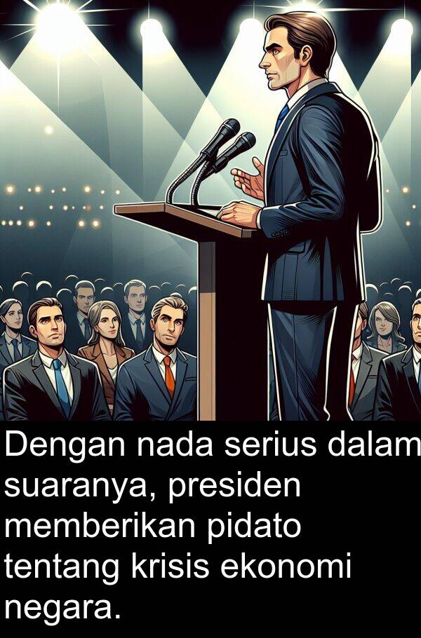 ekonomi: Dengan nada serius dalam suaranya, presiden memberikan pidato tentang krisis ekonomi negara.