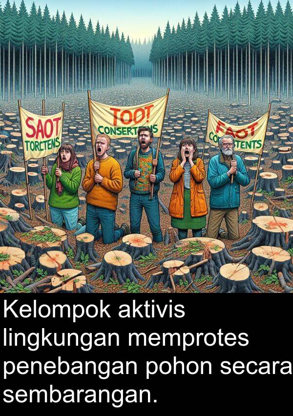 sembarangan: Kelompok aktivis lingkungan memprotes penebangan pohon secara sembarangan.