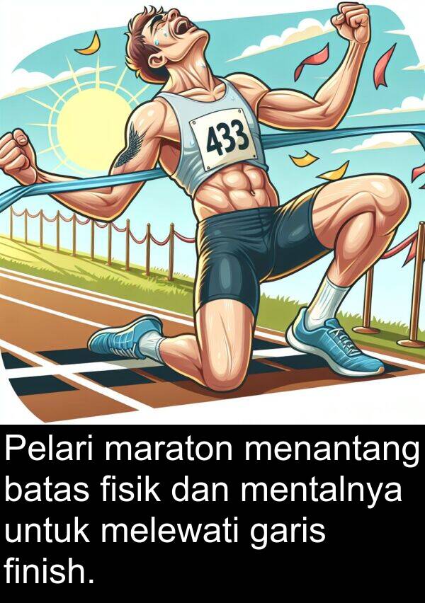 melewati: Pelari maraton menantang batas fisik dan mentalnya untuk melewati garis finish.