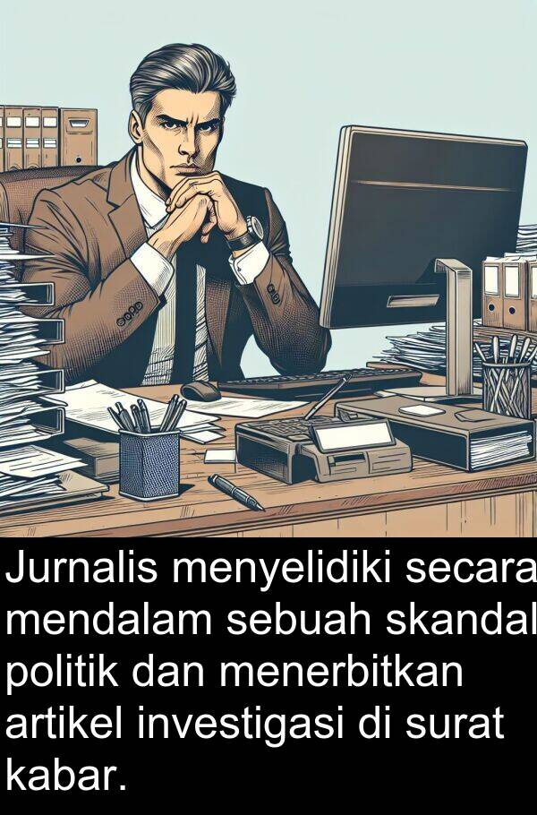 secara: Jurnalis menyelidiki secara mendalam sebuah skandal politik dan menerbitkan artikel investigasi di surat kabar.
