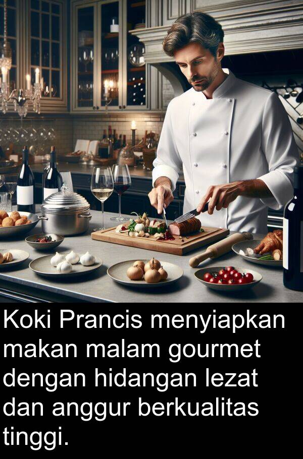 gourmet: Koki Prancis menyiapkan makan malam gourmet dengan hidangan lezat dan anggur berkualitas tinggi.