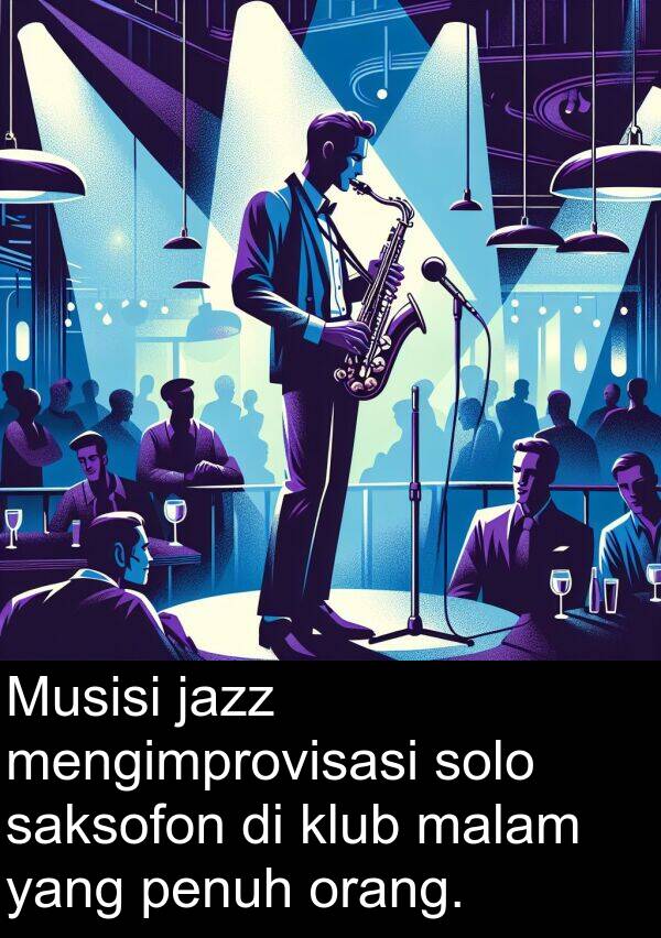 saksofon: Musisi jazz mengimprovisasi solo saksofon di klub malam yang penuh orang.