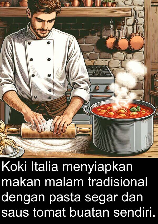 saus: Koki Italia menyiapkan makan malam tradisional dengan pasta segar dan saus tomat buatan sendiri.