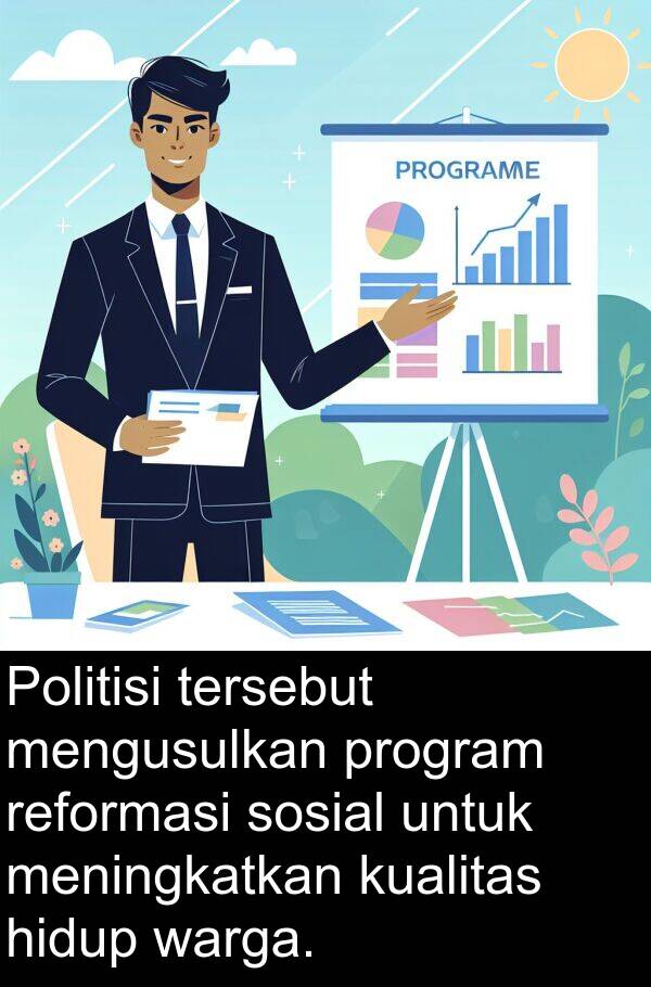 warga: Politisi tersebut mengusulkan program reformasi sosial untuk meningkatkan kualitas hidup warga.