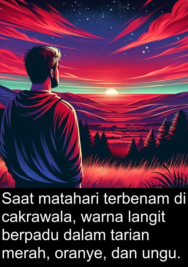 oranye: Saat matahari terbenam di cakrawala, warna langit berpadu dalam tarian merah, oranye, dan ungu.