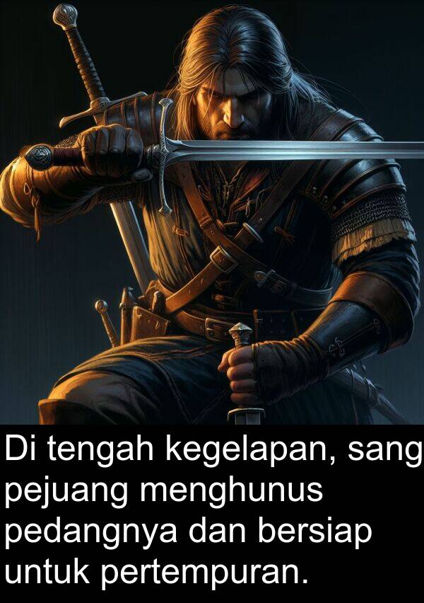 pedangnya: Di tengah kegelapan, sang pejuang menghunus pedangnya dan bersiap untuk pertempuran.