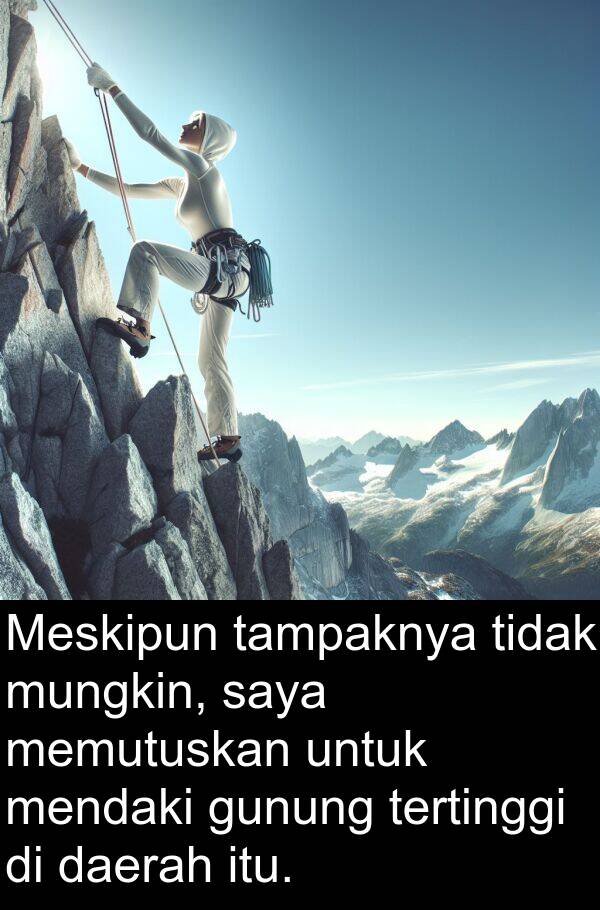 tampaknya: Meskipun tampaknya tidak mungkin, saya memutuskan untuk mendaki gunung tertinggi di daerah itu.