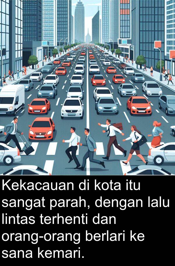 terhenti: Kekacauan di kota itu sangat parah, dengan lalu lintas terhenti dan orang-orang berlari ke sana kemari.