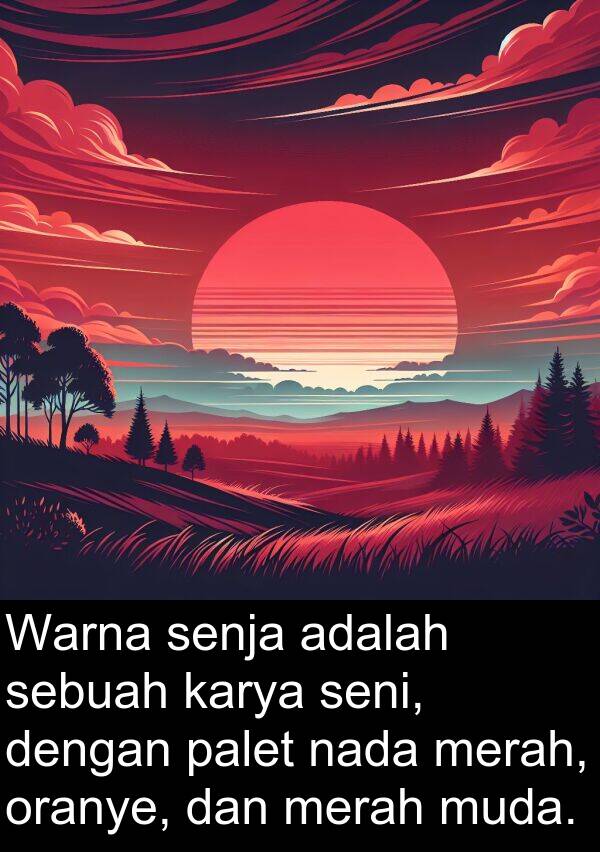nada: Warna senja adalah sebuah karya seni, dengan palet nada merah, oranye, dan merah muda.