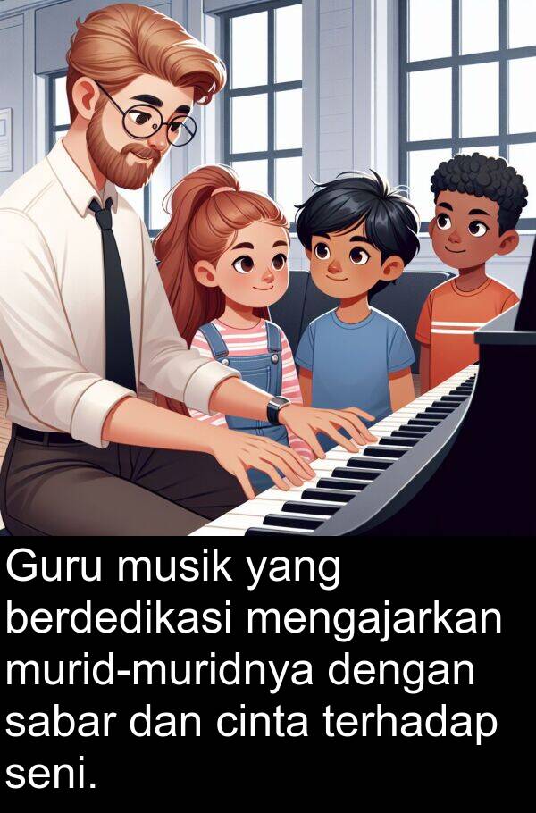 seni: Guru musik yang berdedikasi mengajarkan murid-muridnya dengan sabar dan cinta terhadap seni.