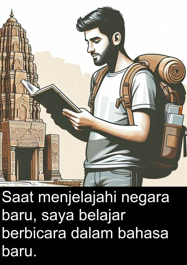 bahasa: Saat menjelajahi negara baru, saya belajar berbicara dalam bahasa baru.