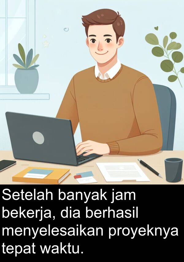 jam: Setelah banyak jam bekerja, dia berhasil menyelesaikan proyeknya tepat waktu.